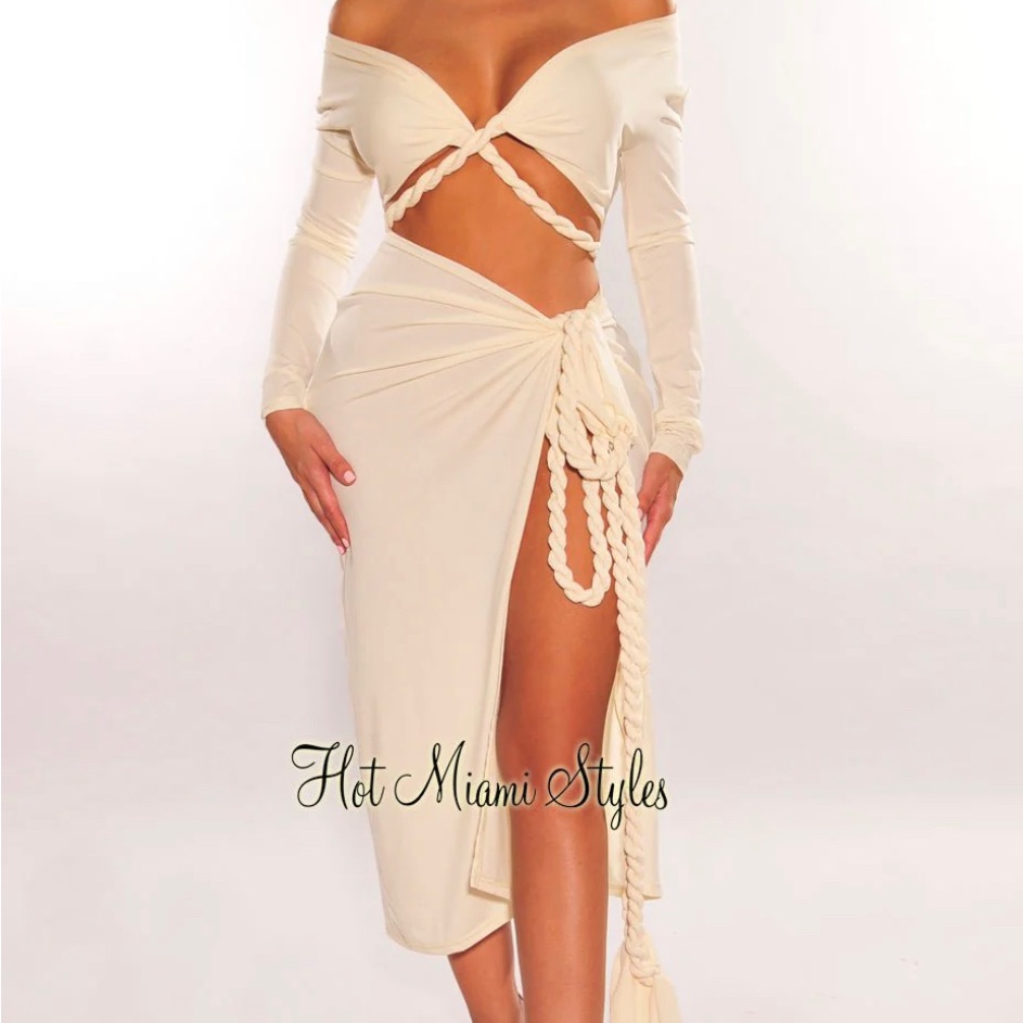 Hot Miami Styles Cream Off-Shoulder Dress